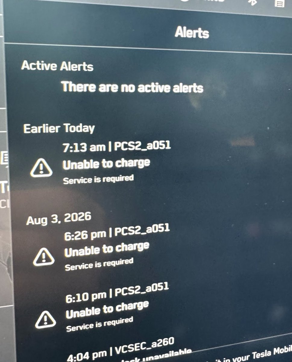 mmdotking's tweet photo. Took my cybertruck in this morning, having a few alerts, could still charge however.  They finished reviewing it in 10 minutes, picked it up already.  techs said "it has been confirmed as a known characteristic of current firmware and should be resolved on the next software update." We'll see.