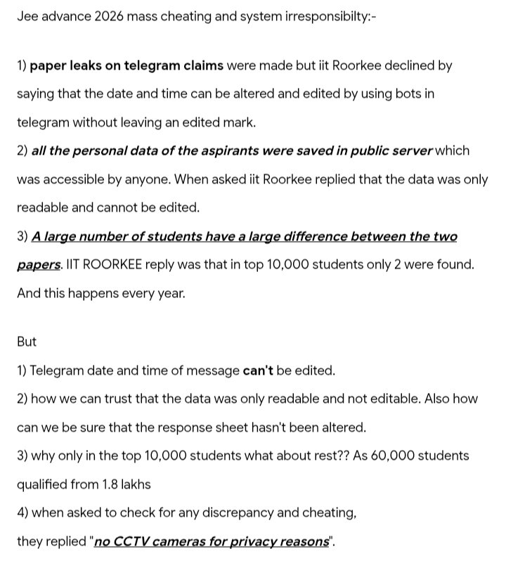 _surya1105's tweet photo. Discrepancy in jee advance 2026 result due to mass cheating. Yet no action, no responsibility. https://t.co/Lijw6X8dBt