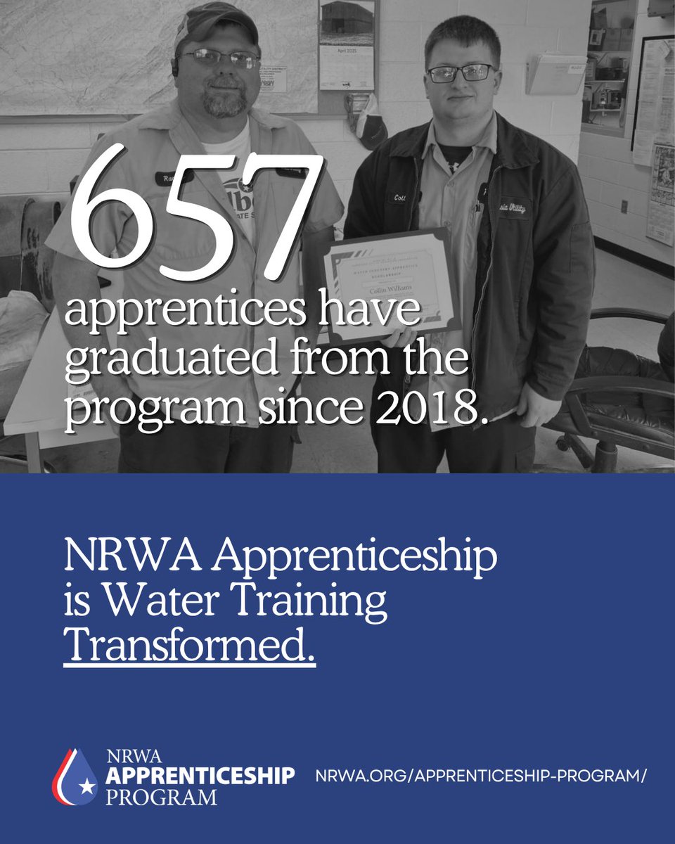 NRWA's tweet photo. 🎓💧With NRWA’s Apprenticeship Program, we are transforming how water and wastewater operators are trained, with an assigned mentor on the job and related coursework. In the first eight years, 657 apprentices have completed the program.
#WaterTrainingTransformed https://t.co/JqybP09Fo1