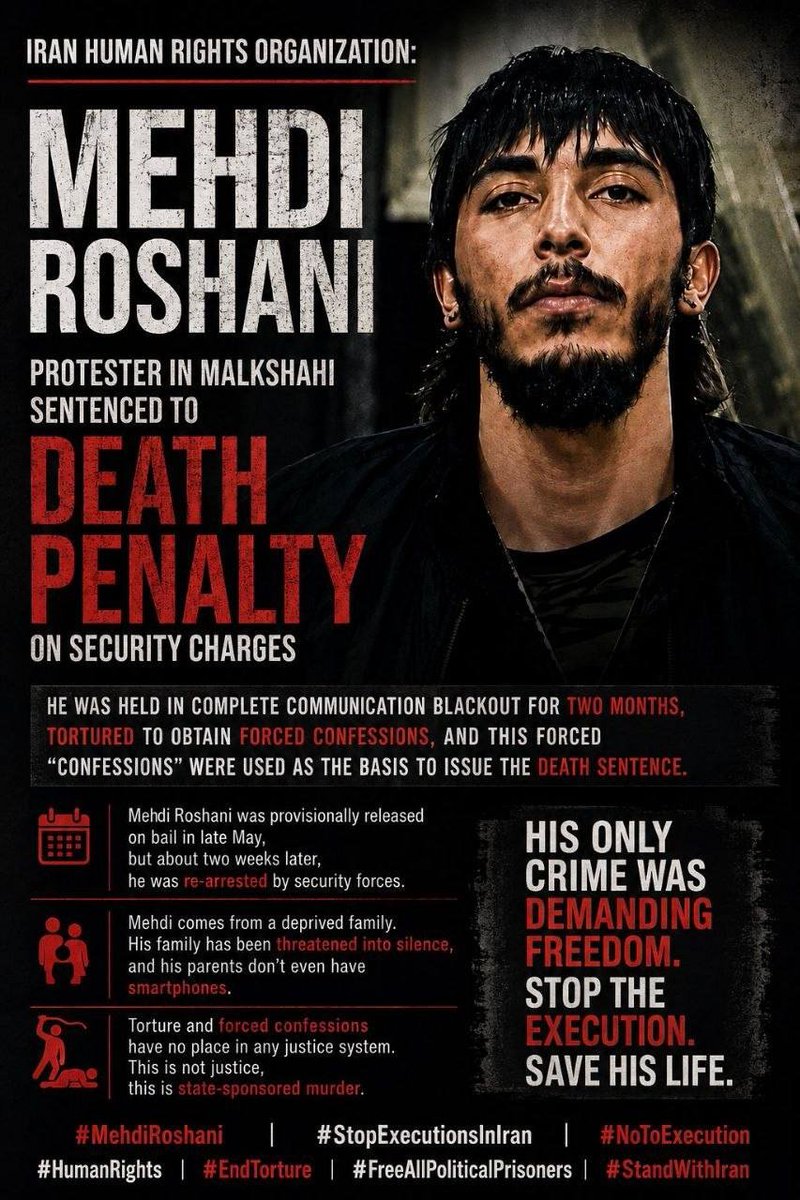 Parisan471124's tweet photo. Mehdi's parents are too poor to even own a smartphone. They have also been threatened into silence.
Now the Islamic Republic is preparing to execute the patriotic Iranian protester after a forced confession extracted under torture.
#MehdiRoshani
#StopExecutions  @HengawO 
@hrw https://t.co/kKlBjttV6Q