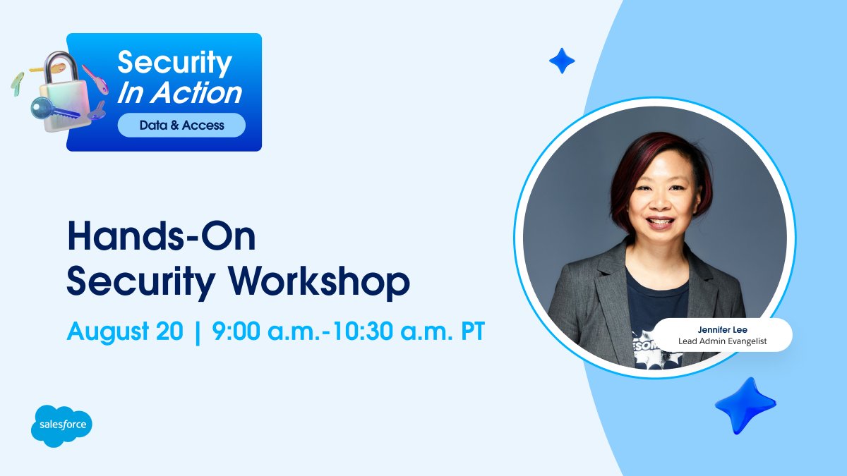 SalesforceAdmns's tweet photo. Every Salesforce Admin plays a critical role in protecting their org.

Join Lead Admin Evangelist @JenWLee on August 20 for Security in Action, our monthly hands-on virtual workshop to build the skills you need to keep your org secure. You'll:

🛠️ Tackle real-world security challenges
💻 Learn how to proactively protect your org
🔒 Stay current on Salesforce security tools

Register now: https://t.co/t5pQTd07Ke