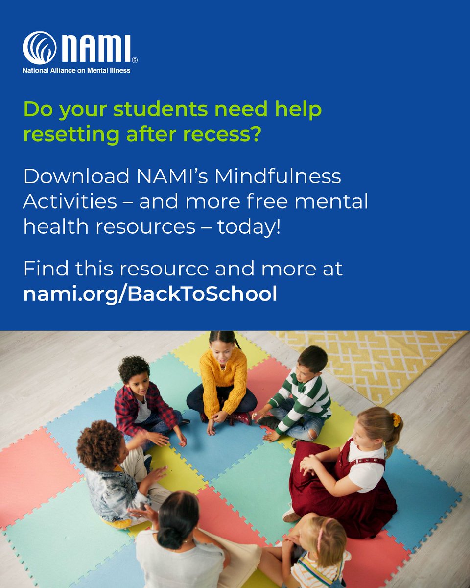 NAMICommunicate's tweet photo. Transitions can be one of the hardest parts of the school day.

NAMI's free mindfulness activities can help students reset after recess and return to learning with focus and confidence.

Explore free Back to School resources for educators, students and families at https://t.co/IRnqW0uEhp

🍎💙

#BackToSchool #MentalHealth #Educators #SchoolMentalHealth #YouAreNotAlone