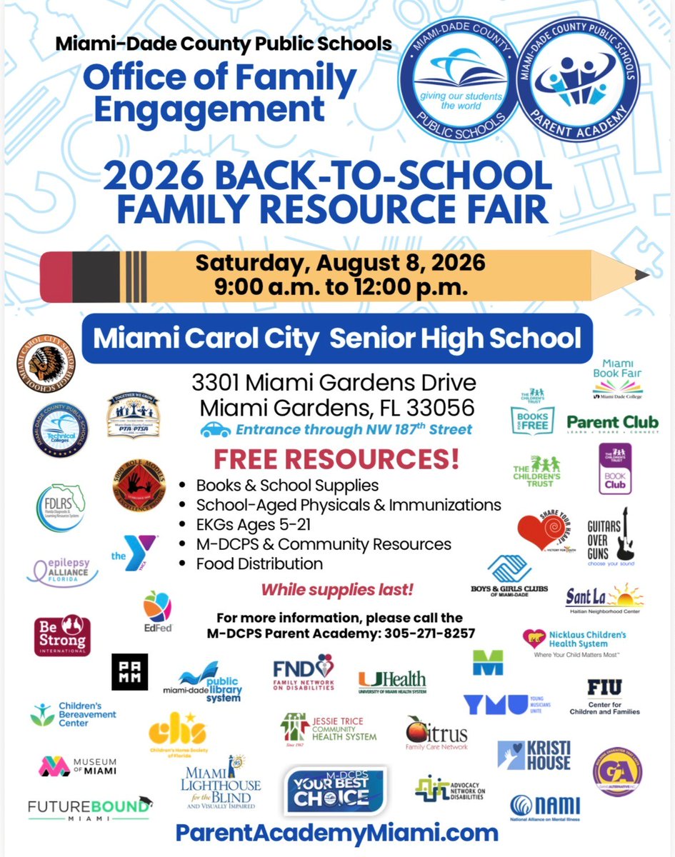 SuptDotres's tweet photo. REMINDER: Join us THIS SATURDAY, August 8th, from 9 AM – 12 PM for our 2026 Back-to-School Family Resource Fair at @CarolCitySr1 (3301 Miami Gardens Dr, entrance on NW 187th St)! Hosted by @ParentAcadMiami, this free event features books, school supplies, food distribution, physicals, immunizations, EKGs (ages 5–21), and valuable community resources while supplies last. For info, call 305-271-8257 or visit https://t.co/B4rEuYum9Y—we can’t wait to see you there as we get ready for a great school year! #YourBestChoiceMDCPS
