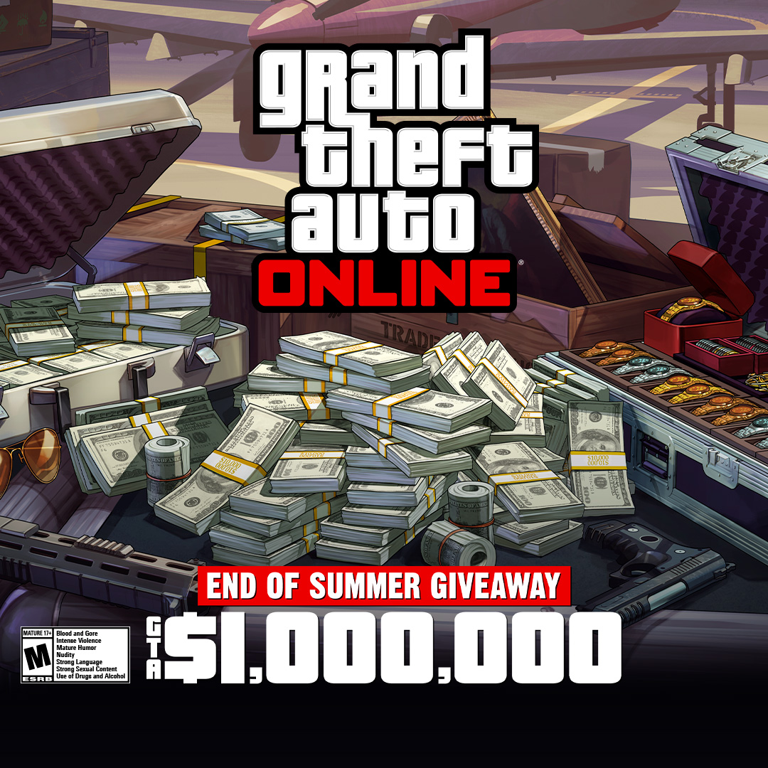 RockstarGames's tweet photo. Play GTA Online anytime from August 6–12 during the End of Summer Giveaway to receive a GTA$1,000,000 bonus, delivered within 72 hours of logging in.