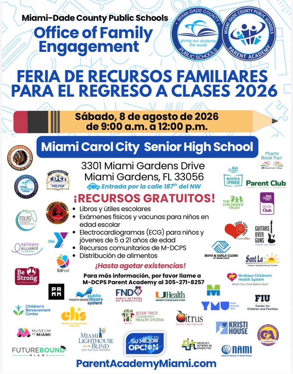 SuptDotres's tweet photo. REMINDER: Join us THIS SATURDAY, August 8th, from 9 AM – 12 PM for our 2026 Back-to-School Family Resource Fair at @CarolCitySr1 (3301 Miami Gardens Dr, entrance on NW 187th St)! Hosted by @ParentAcadMiami, this free event features books, school supplies, food distribution, physicals, immunizations, EKGs (ages 5–21), and valuable community resources while supplies last. For info, call 305-271-8257 or visit https://t.co/B4rEuYum9Y—we can’t wait to see you there as we get ready for a great school year! #YourBestChoiceMDCPS