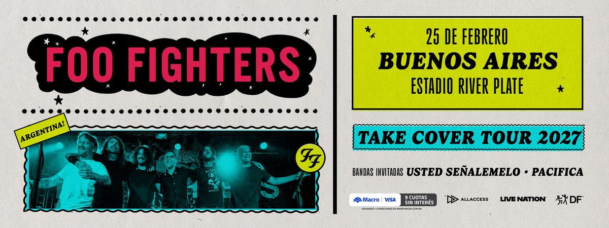 SFV_Cinema's tweet photo. 🏟️ FOO FIGHTERS 🏟️

📅 25 de Febrero en Estadio River Plate
💵 Precios finales oficiales (service incluido)

🎟️ Sivori Alta: $132.250 ARS
🎟️ Sivori Media: $143.750 ARS
🎟️ Belgrano / San Martin Alta: $195.500 ARS
🎟️ Campo General: $201.250 ARS
🎟️ Campo Delantero: $396.750 ARS
🎟️ Plateas Preferenciales: $419.750 ARS

⚠️ Estado actual dentro de su pagina. Sujetos a modificacion.