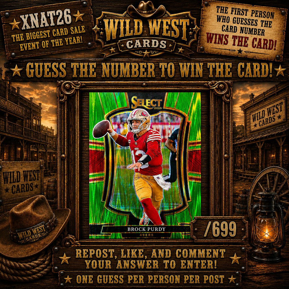 WildWestCards's tweet photo. GUESS THE CARD NUMBER, WIN THE CARD!

Brock Purdy /699!

To Enter:
- Repost AND Like
- Be following @WildWestCards

ONE guess per person! If nobody gets it, we will do a 2nd round!

Make sure to follow the #XNat26 for great deals on cards all week long! https://t.co/lf9qHIKeaD