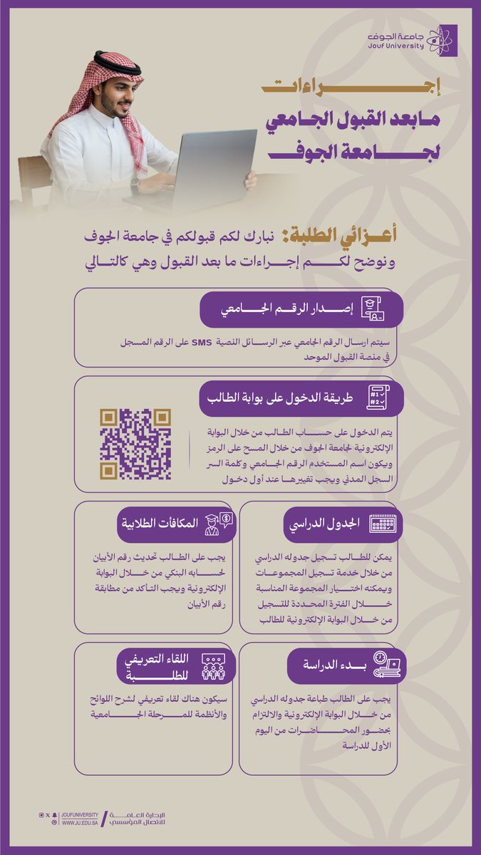 JoufUniversity's tweet photo. 🎓 #إرشادات |

طلابنا وطالباتنا الأعزاء، مبارك قبولكم في #جامعة_الجوف.
تعرّفوا على أهم إجراءات ما بعد القبول،والاستعداد لبداية رحلتكم الجامعية. 🌟 https://t.co/yibluLGJzs