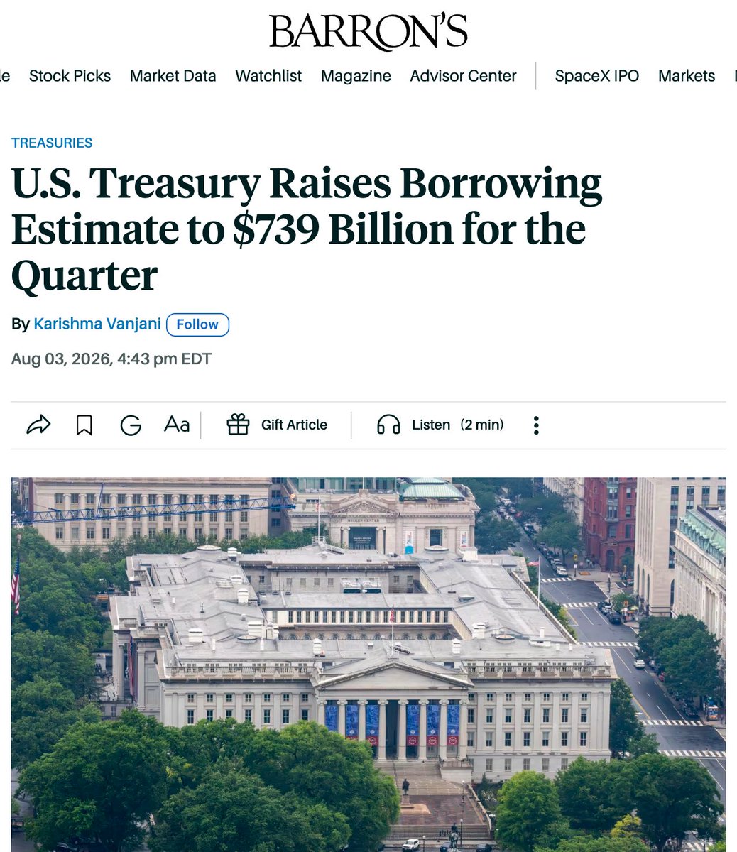 FTMDaily's tweet photo. The U.S. Treasury needs to borrow billions more from investors this quarter than it assumed earlier. https://t.co/rlt1AQWn0D