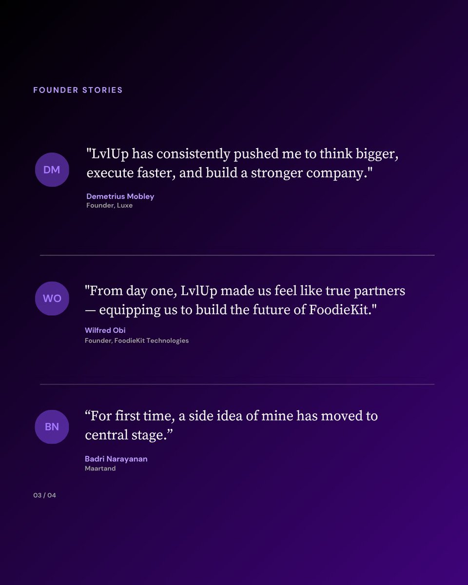 Lvlupvc's tweet photo. Building a company is challenging, and the right support can make a meaningful difference.

At LvlUp, we back founders at every stage—from early ideation to scaling with traction. Engaging directly with the builders in our ecosystem reinforces what matters most: conviction, speed, and community.

We are proud to invest in and support founders who are thinking bigger, moving faster, and bringing their ideas to life.

#Startups #VentureCapital #Founders #Innovation