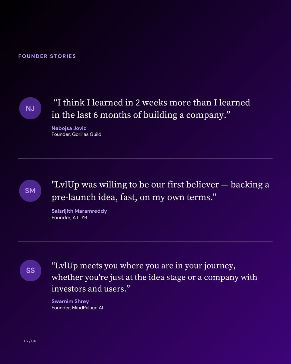Lvlupvc's tweet photo. Building a company is challenging, and the right support can make a meaningful difference.

At LvlUp, we back founders at every stage—from early ideation to scaling with traction. Engaging directly with the builders in our ecosystem reinforces what matters most: conviction, speed, and community.

We are proud to invest in and support founders who are thinking bigger, moving faster, and bringing their ideas to life.

#Startups #VentureCapital #Founders #Innovation