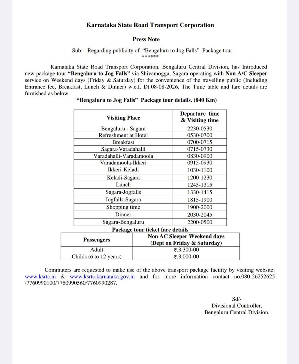 ChristinMP_'s tweet photo. Karnataka:  KSRTC has announced three new services. A Flybus from Kempegowda International Airport to Kozhikode via Mysuru, Gonikoppa, Mananthawadi and Kalpetta will begin on August 15, with fares up to Rs 1,500. 

A weekend Bengaluru-Jog Falls package tour starts August 8 using a non-AC sleeper bus, covering transport, entry fee and meals, priced at Rs 3,300 for adults and Rs 3,000 for children.

KSRTC will also launch a non-AC sleeper service from Madiwala to Kannur via Mysuru and Thalassery from August 7, with fares up to Rs 850.