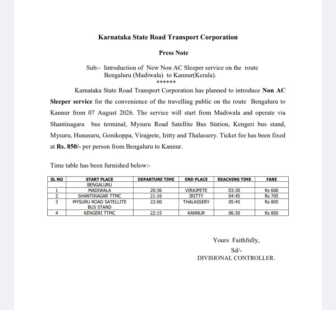 ChristinMP_'s tweet photo. Karnataka:  KSRTC has announced three new services. A Flybus from Kempegowda International Airport to Kozhikode via Mysuru, Gonikoppa, Mananthawadi and Kalpetta will begin on August 15, with fares up to Rs 1,500. 

A weekend Bengaluru-Jog Falls package tour starts August 8 using a non-AC sleeper bus, covering transport, entry fee and meals, priced at Rs 3,300 for adults and Rs 3,000 for children.

KSRTC will also launch a non-AC sleeper service from Madiwala to Kannur via Mysuru and Thalassery from August 7, with fares up to Rs 850.