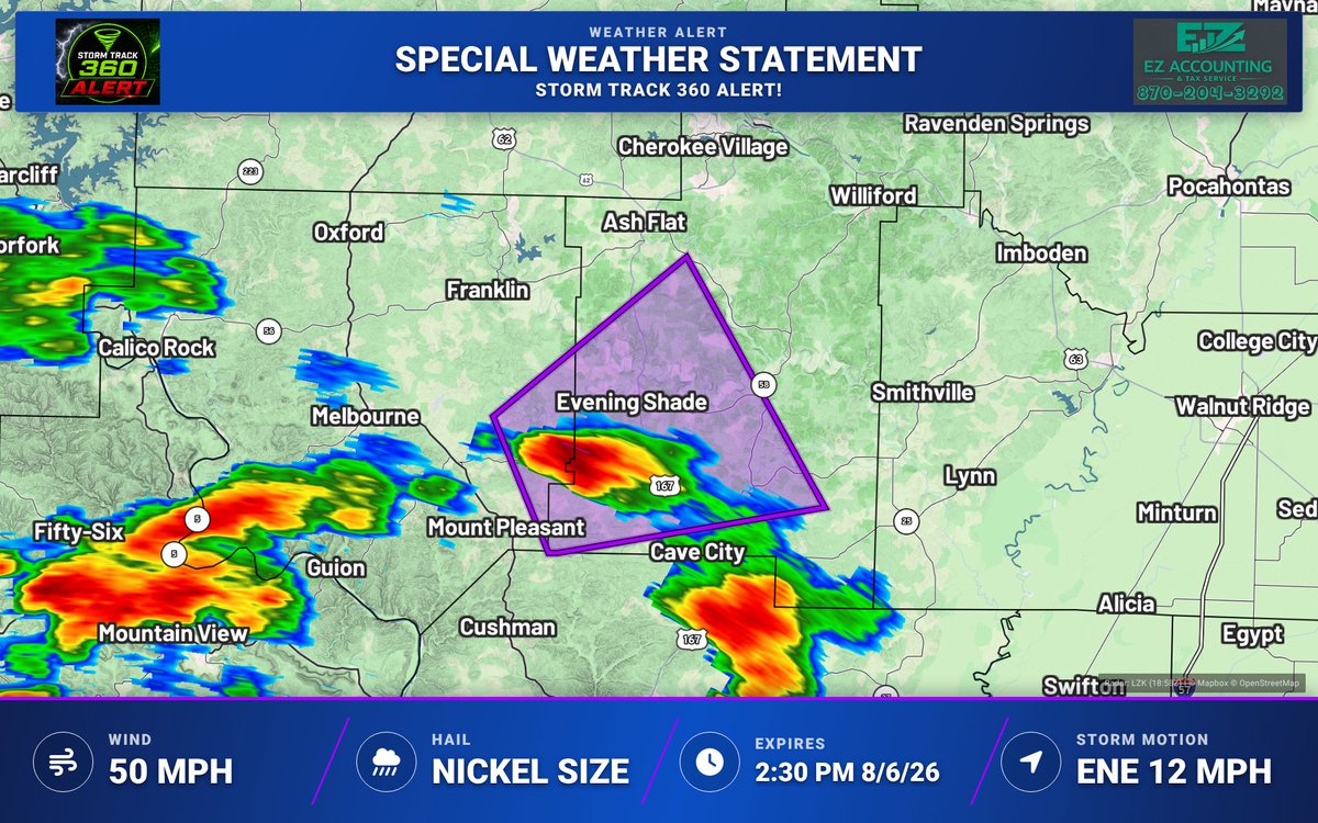 StormTrack360Wx's tweet photo. A Special Weather Statement has been issued for Sharp, Izard | Torrential Rain: Occurring | Frequent Lightning: Occurring | until 2:30 PM 8/6/26 | Hail: 0.88 inches | Wind: 50 MPH https://t.co/u7YB3zoriu