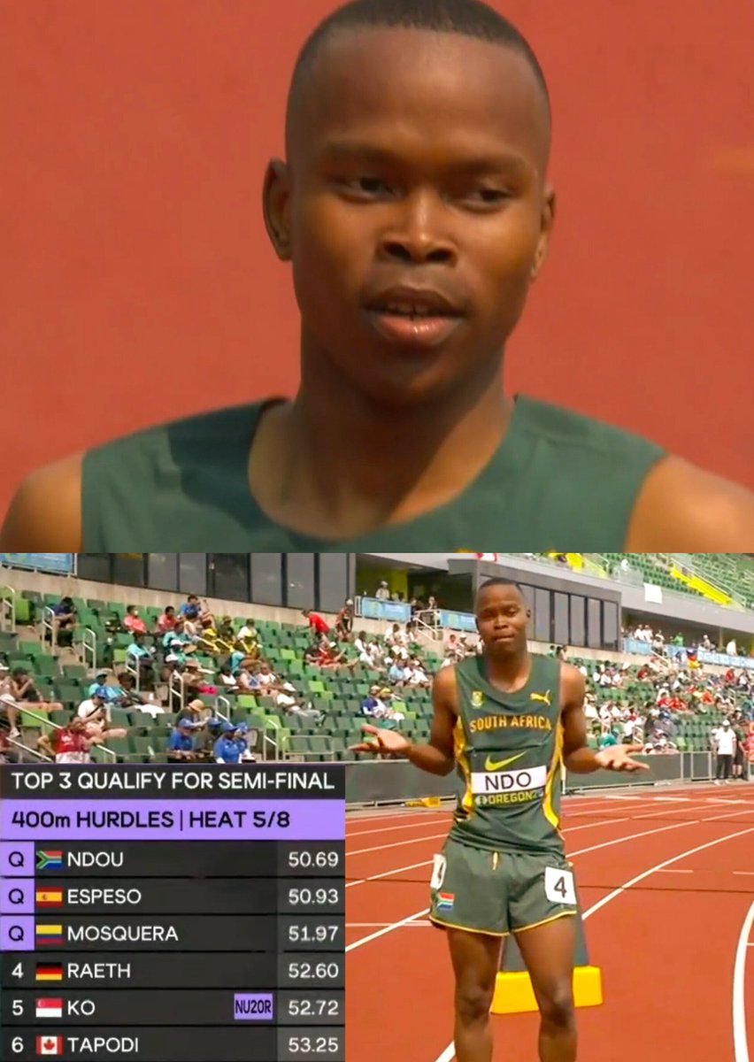 TrackGazette's tweet photo. Matodzi Ndou 🇿🇦 for the win in heat 5 of the men's 400mH at the World U20 Championships in Eugene with a time of 50.69s. https://t.co/OfwFJYCeM8