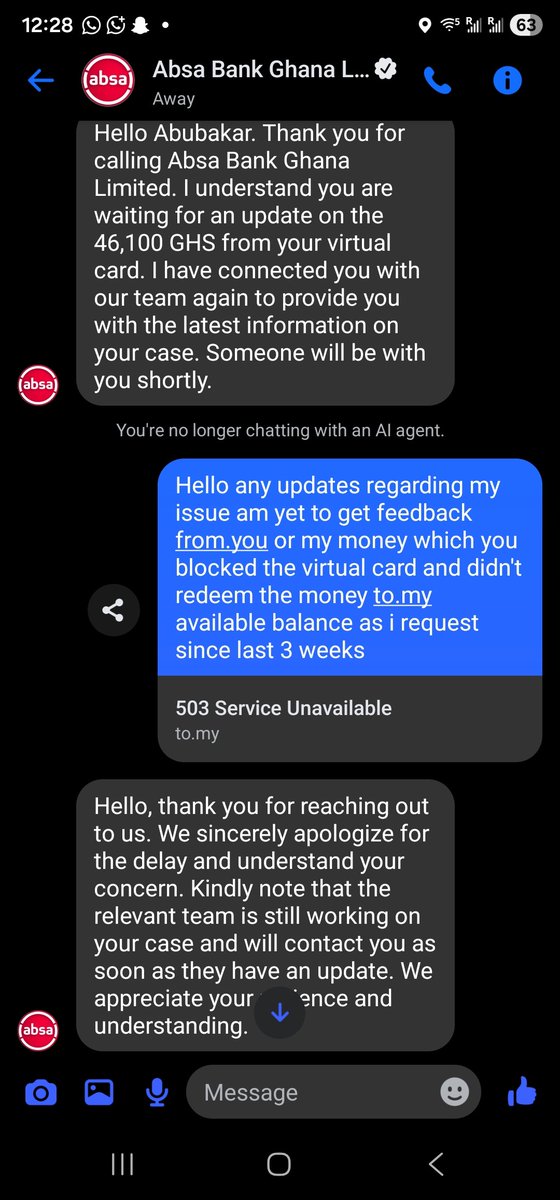 itz__serdik's tweet photo. @thebankofghana Hello today is exactly 33days since @AbsaGhana @AbsaSouthAfrica held my money on 5th july,2026. The money is in my virtual card and i just woke up and see iw was  deleted by @AbsaGhana with my 46,100 cedis inside and  i complaint through email call and there 
1/1 https://t.co/hmp1fQDIPH