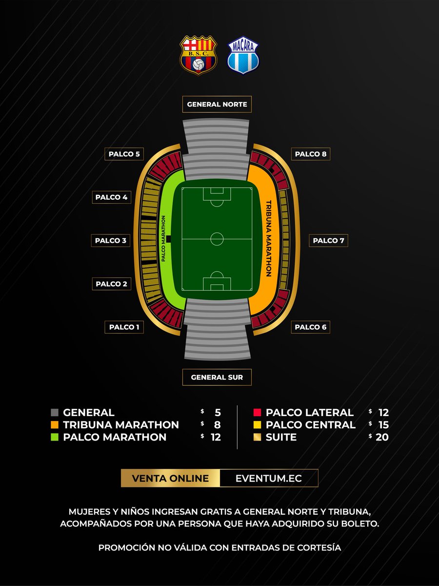 BarcelonaSC's tweet photo. ¡Entradas digitales disponibles! 🎟️

Adquiere desde hoy tus boletos para Barcelona SC vs. Macará en https://t.co/vMfejDRIKl 

Hinchas: mujeres y niños ingresan gratis a General Norte y Tribuna, acompañados por una persona que haya adquirido un boleto para la misma localidad.

Socios: mujeres y niños ingresan gratis a cualquier localidad, acompañados por un socio con entrada habilitada para el partido.

La promoción no aplica para acompañantes con entradas de cortesía.
