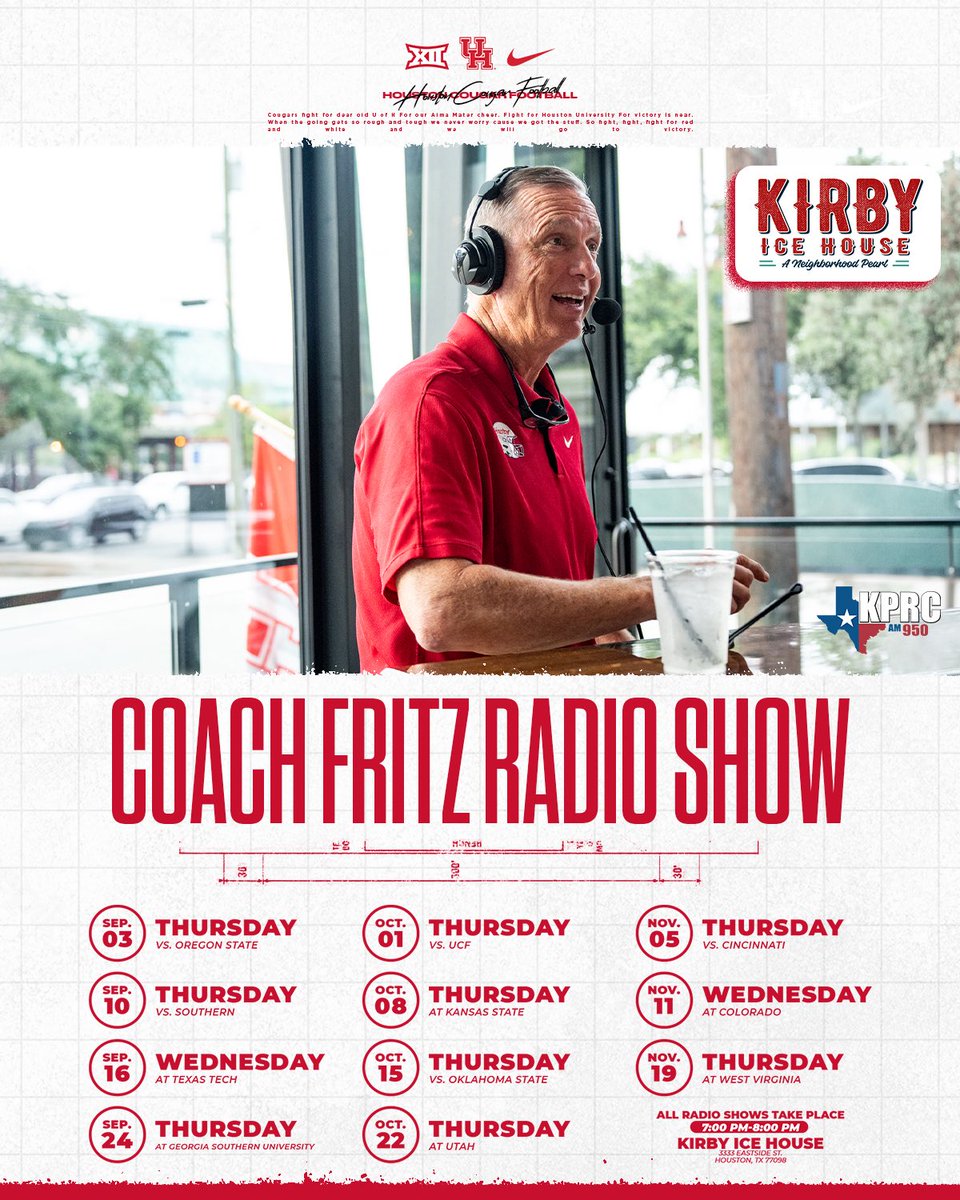 UHCougarFB's tweet photo. Kirby Ice House is the new home of the Willie Fritz Radio Show!🏠

Join us from 7pm-8pm every week this season. Come talk football, meet fellow Coogs, and get ready for game day!🏈 https://t.co/o1U17NUPuq