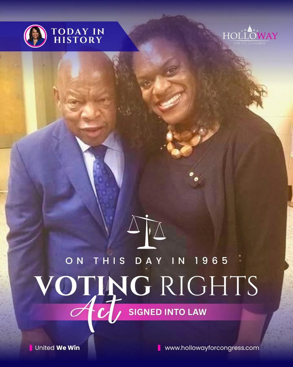 Lj4CONGRESS's tweet photo. Today in history, we commemorate the signing of the Voting Rights Act in 1965 and vow to sign John R. Lewis Voting Rights Advancement Act as #VotingRights and #Election access continue to be challenged nationwide.
#VotingRightsAct
#VotingRightsMatter
#VOTE
#HollowayforCongress https://t.co/yzUuBW21RO