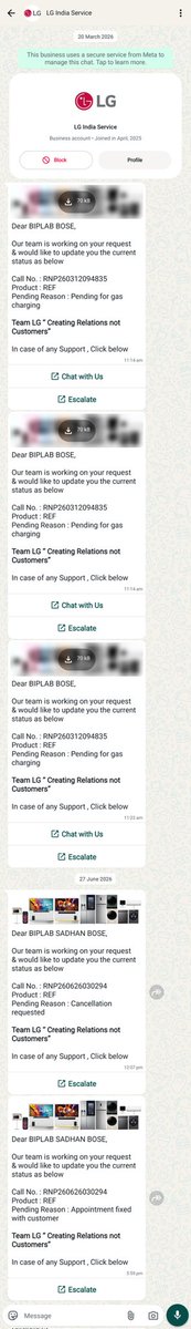 imBiplabBose's tweet photo. @LGIndia pathetic service from LG servicing engineer. Prayudut Mondal, almost 6 months no solution. Every time I call they make lem excuses only because I have purchased extended warranty. Is this how LG treat their customers. Thanks for the lesson.Take it and refund @LGE_Global https://t.co/rglnuoXYBb