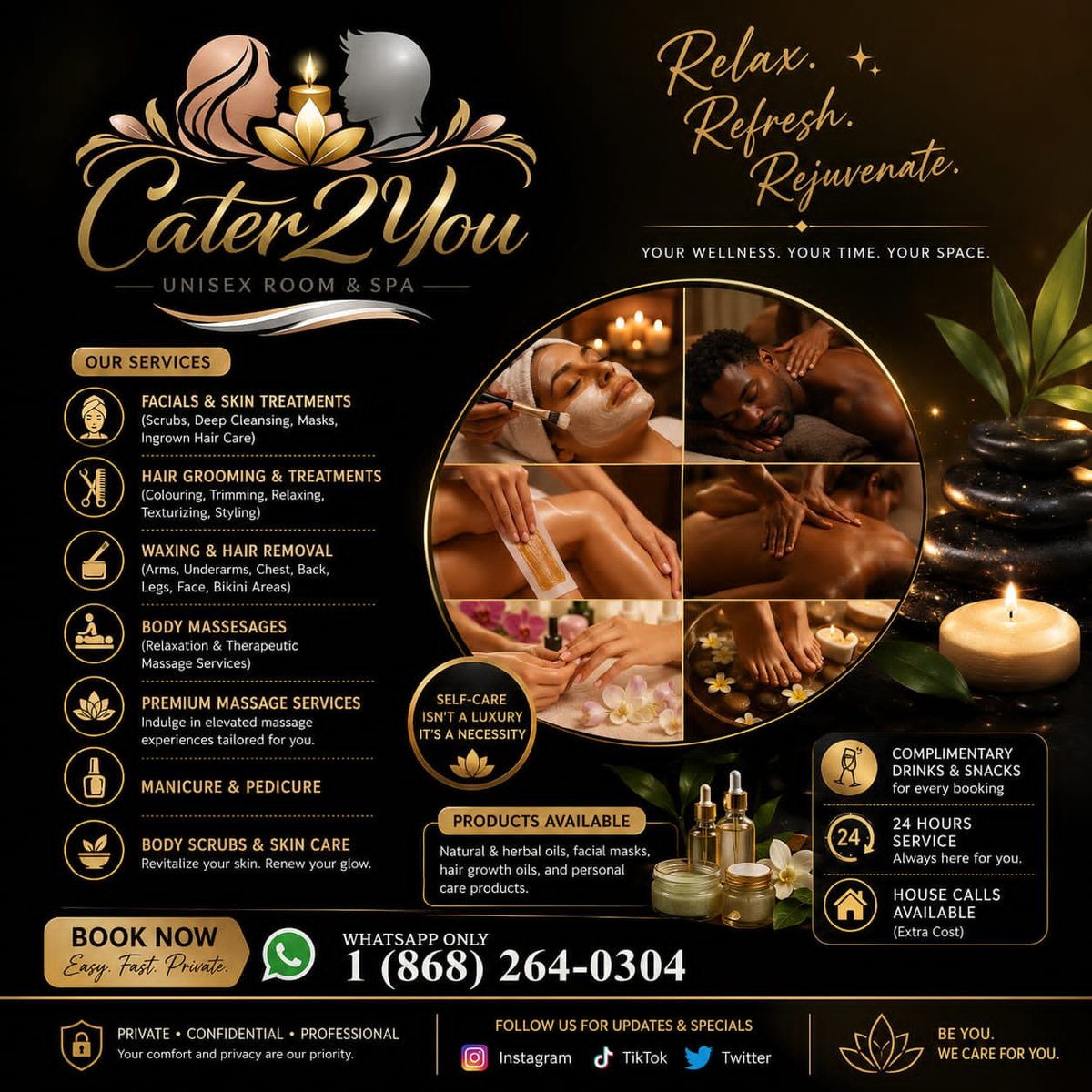 Cater2uExotic's tweet photo. SERVICES WE PROVIDED: 
• Facials &amp; Skin Treatments
• Hair Grooming &amp; Treatments
• Waxing &amp; Hair Removal
• Body Massages
• Premium Massage Services
• Manicure &amp; Pedicure
• Body Scrubs &amp; Skin Care
🕒 24 Hours Service
🚗 House Calls Available (Extra Cost)
Booking:868 264 0304 https://t.co/efulwxL4dJ