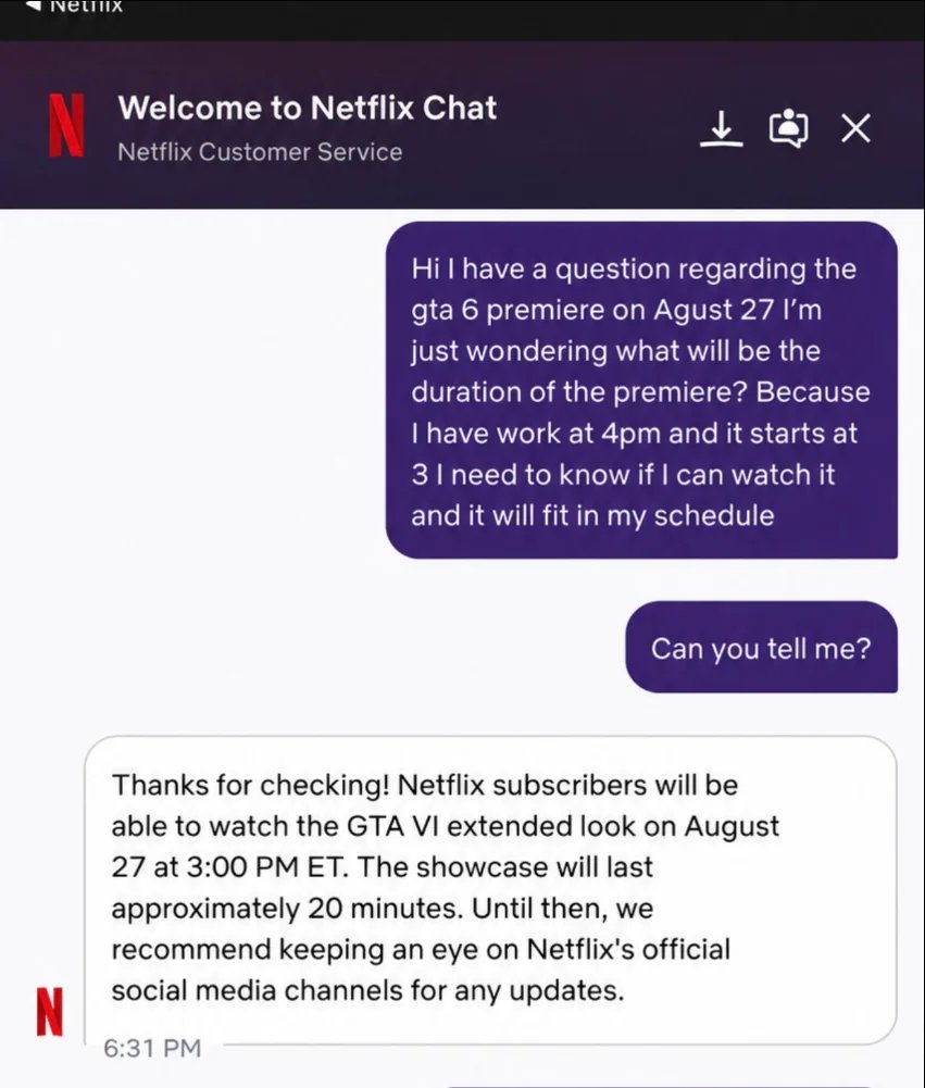 _GTAVI_'s tweet photo. According to Netflix support the GTA 6 Extend Look will be 20 minutes long. https://t.co/Pj6umN1Lsf