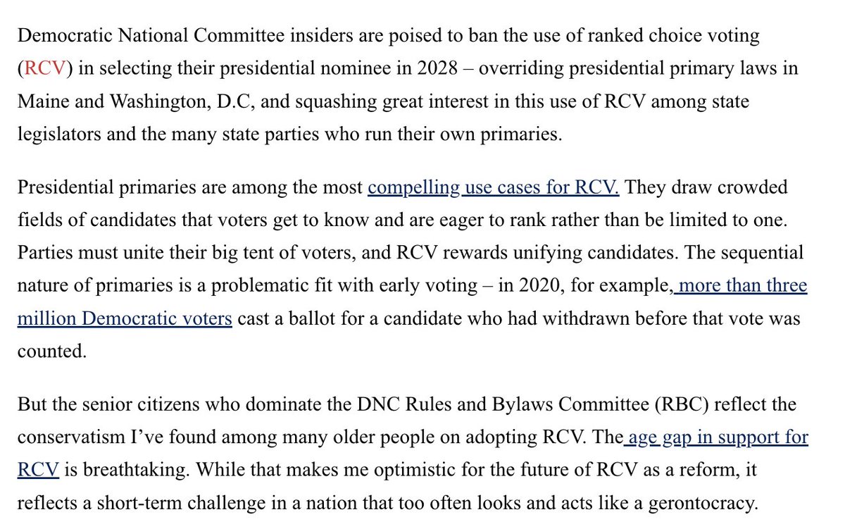 davidshor's tweet photo. The DNC is trying to ban states from using ranked choice voting in the 2028 presidential primary.

I think this is a really bad idea! https://t.co/q063GI4Kq4