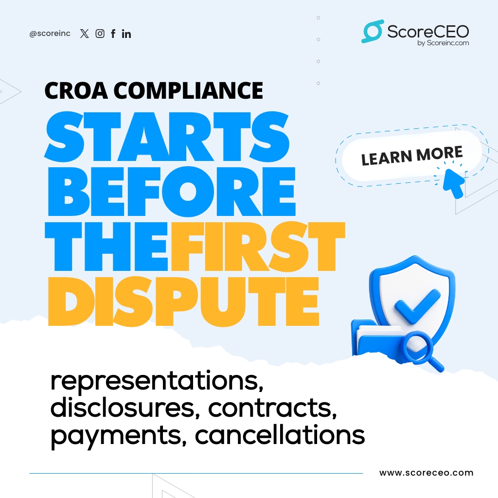 Scoreinc1's tweet photo. CROA compliance begins before the first dispute.
Review your advertising, sales claims, disclosures, contracts, cancellation process, payment timing, and service records.
Learn more August 27: https://t.co/3dBUFdFDNZ
#CROA #CreditRepair #Compliance https://t.co/uDJmPzkwlN