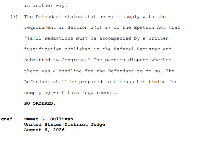 MacFarlaneNews's tweet photo. ALERT:  Federal judge Emmet Sullivan orders August 13 hearing in @KatiePhang lawsuit against Todd Blanche, over Blanche's refusal to release more of the Epstein Files

Sullivan had ordered Blanche to turn over records to court.  But judge says, "Defendant’s assertions do not comply with the court’s order, which requires documentation to support the assertions"