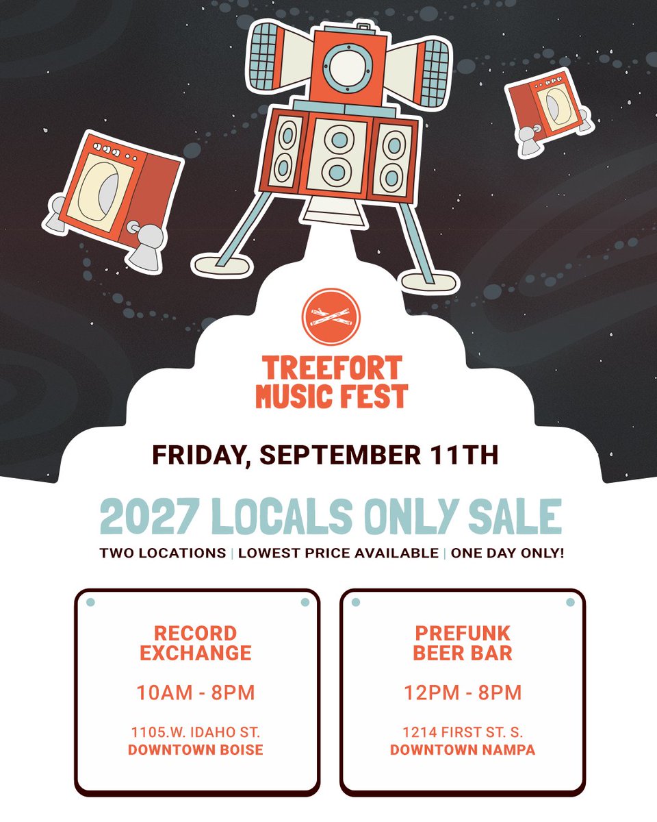 treefortfest's tweet photo. Join us Friday, September 11th for the one-time-only chance to get your Treefort tickets in person at our Locals Only Sale!
Are you a Boise local? Then stop by @RecordExchange for this one-day deal. 
Live in the 2C? 
Then head to Prefunk in Downtown Nampa! https://t.co/TGWihtLQcW
