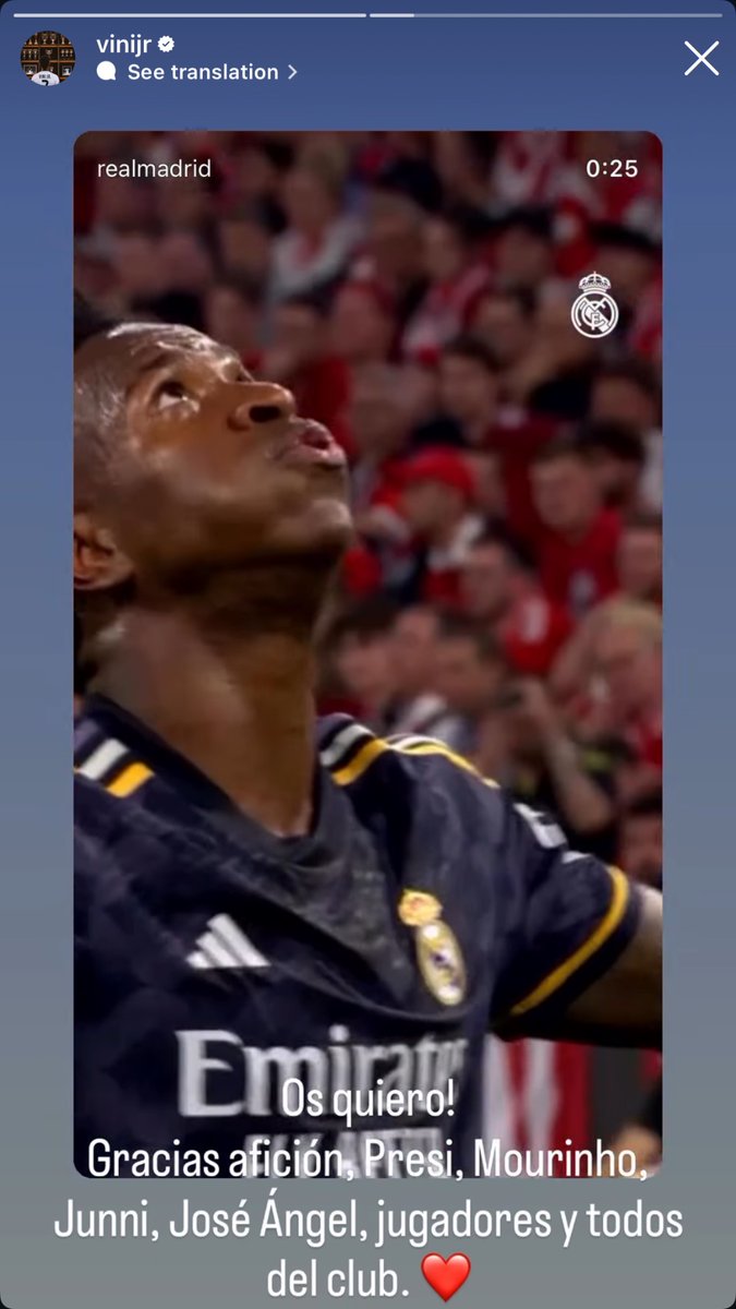 MadridXtra's tweet photo. 🚨🤍 VINICIUS ON IG: "I LOVE YOU!

THANK YOU PRESI, MOURINHO, JUNI, JOSE ANGEL, PLAYERS AND ALL THE CLUB.” https://t.co/uXuLvdXtke