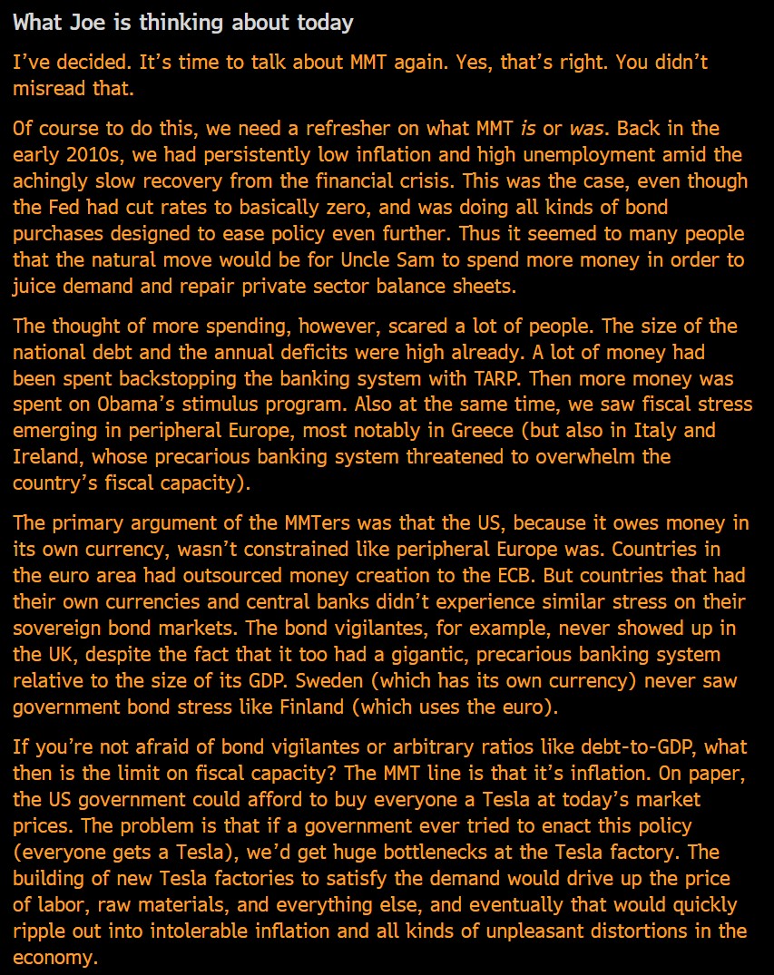 TheStalwart's tweet photo. IT'S TIME TO START TALKING ABOUT MMT AGAIN

In the newsletter, I wrote about how in our time of persistently high inflation, a high cost of living, and ongoing strain on industrial capacity, MMT wisdom (once again!) shines a light towards a policy path that may be helpful. https://t.co/TMjJbWRbwL
