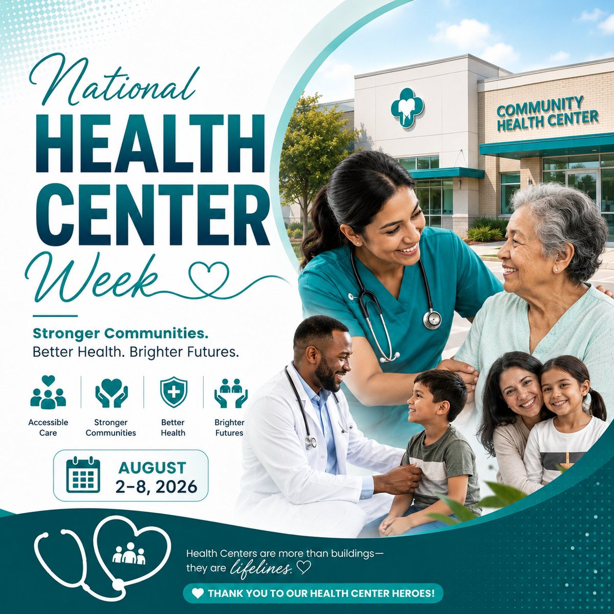drcare247's tweet photo. 🏥 Celebrating National Health Center Week (August 2–8, 2026)! 💙 Honoring the healthcare professionals and community health centers that provide compassionate, accessible care and build healthier communities every day. 🌿

#NationalHealthCenterWeek #NHCW2026 #HealthcareHeroes https://t.co/LmFt70y7Px