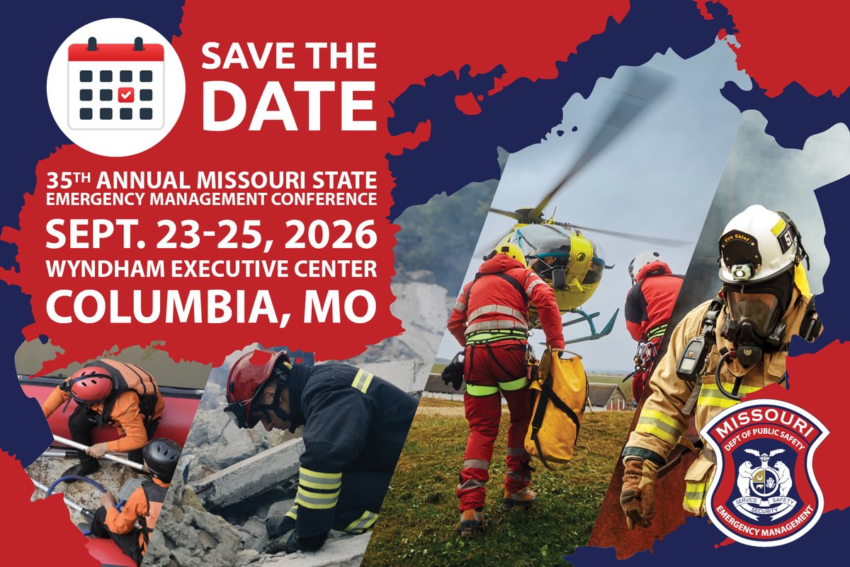 MoSEMA_'s tweet photo. Join us Wednesday, September 23 – Friday, September 25, 2026, in Columbia, Missouri, for the 35th Annual State Emergency Management Conference! This statewide conference brings together hundreds of local emergency management and public safety professionals to better prepare Missouri, its citizens, and its communities for future disasters. Learn more and register at the link: https://t.co/i7b7kk6w3P