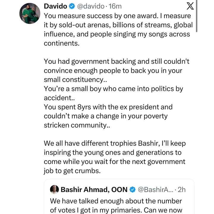 MercyObidake's tweet photo. Wahala‼️
Former presidential aide, Bashir Ahmad taunts Davido with lose of Grammy Award to South Africa’s Tyla as they clash over Osun guber election

#Thepresident #Osunelection #ICPC #Davido https://t.co/1rITQZ6ZAm