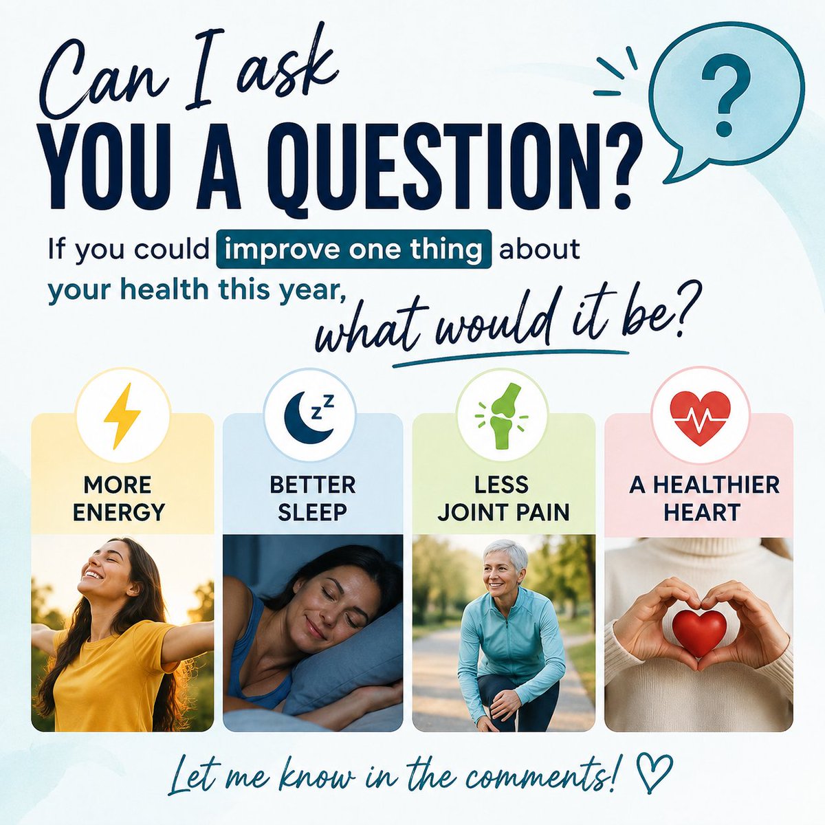 1CoachChristy's tweet photo. "Can I ask you a question? If you could improve one thing about your health this year, what would it be: more energy, better sleep, less joint pain, or a healthier heart, etc.?" https://t.co/yVKbHjCTct