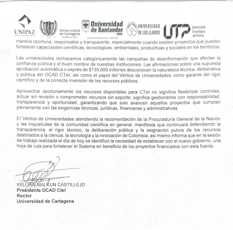 YeseniaOlayaR's tweet photo. Sebastián, lo único que evidencia tu publicación es un profundo desconocimiento del funcionamiento del OCAD CTeI. 

Tengo entendido que, incluso minutos antes de publicar tus supuestas denuncias, intentabas entender cómo opera este órgano, mientras al mismo tiempo buscabas instalar una narrativa mediática sin sustento técnico ni procedimental.

El Vértice de Universidades, que preside el OCAD, ya fue claro en su comunicado: las sesiones son públicas, regladas y sujetas a procedimientos; los proyectos no se aprueban automáticamente al llegar al OCAD y ninguna iniciativa será viabilizada sin cumplir plenamente los requisitos técnicos, jurídicos, financieros y administrativos. 

Los 49 proyectos ya habían surtido las fases de formulación, radicación y evaluación técnica.

Más bien, lo que hay de fondo es el intento de impedir que el Gobierno Nacional ejerza, hasta el último minuto de su mandato, las competencias institucionales que le corresponden en la gobernanza de la inversión pública en ciencia, tecnología e innovación. El comunicado del Vértice de Universidades es claro: reafirma el rigor técnico del proceso, el papel deliberativo del OCAD y rechaza las narrativas de desinformación que buscan deslegitimar sus decisiones.