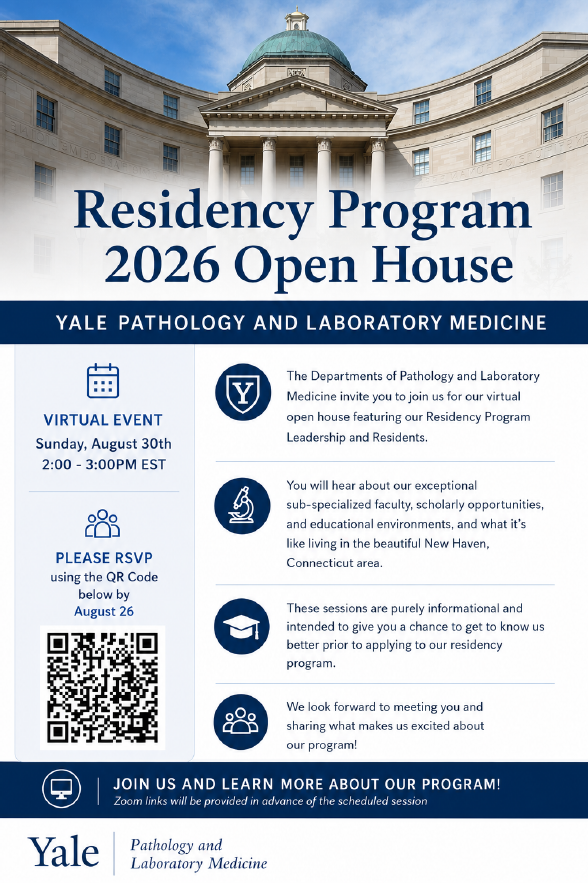Yale_LabMed's tweet photo. 3 weeks away! Our annual Yale Pathology & Laboratory Medicine Residency Program Open House is Sunday, Aug. 30 from 2-3 PM ET featuring our program leadership & residents. Hear about our exceptional subspecialized faculty, scholarly opportunities, educational environments @YaleMed & living in & around beautiful New Haven. Please register in advance. https://t.co/xQXDJK7SPC