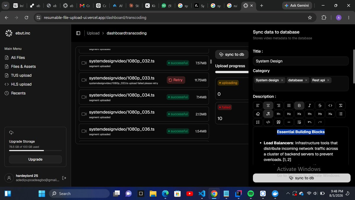 AdedipupoLanre1's tweet photo. #WIP.... 
-Multipart uploads to AWS for handling large files reliably.
-Manual HLS transcoding to support adaptive streaming across different network speeds.
-Video delivery through a CDN for faster playback.
-Semantic search powered by AI
-A WYSIWYG editor for video description https://t.co/fNSkA6Khgs