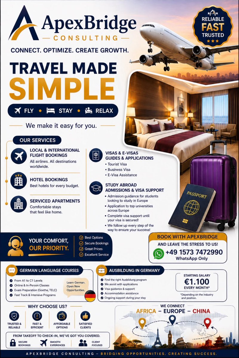 binyiemmanuel's tweet photo. ✈️ Travel Smarter with ApexBridge Consulting! 🌍

Looking for a stress-free travel experience? We’ve got you covered!

✅ Local &amp; International Flight Bookings
🏨 Hotel Reservations &amp; Serviced Apartments
🛂 Tourist, Business &amp; E-Visa Assistance
🎓 Study Abroad Admissions &amp; Visa https://t.co/lafShH4mNU