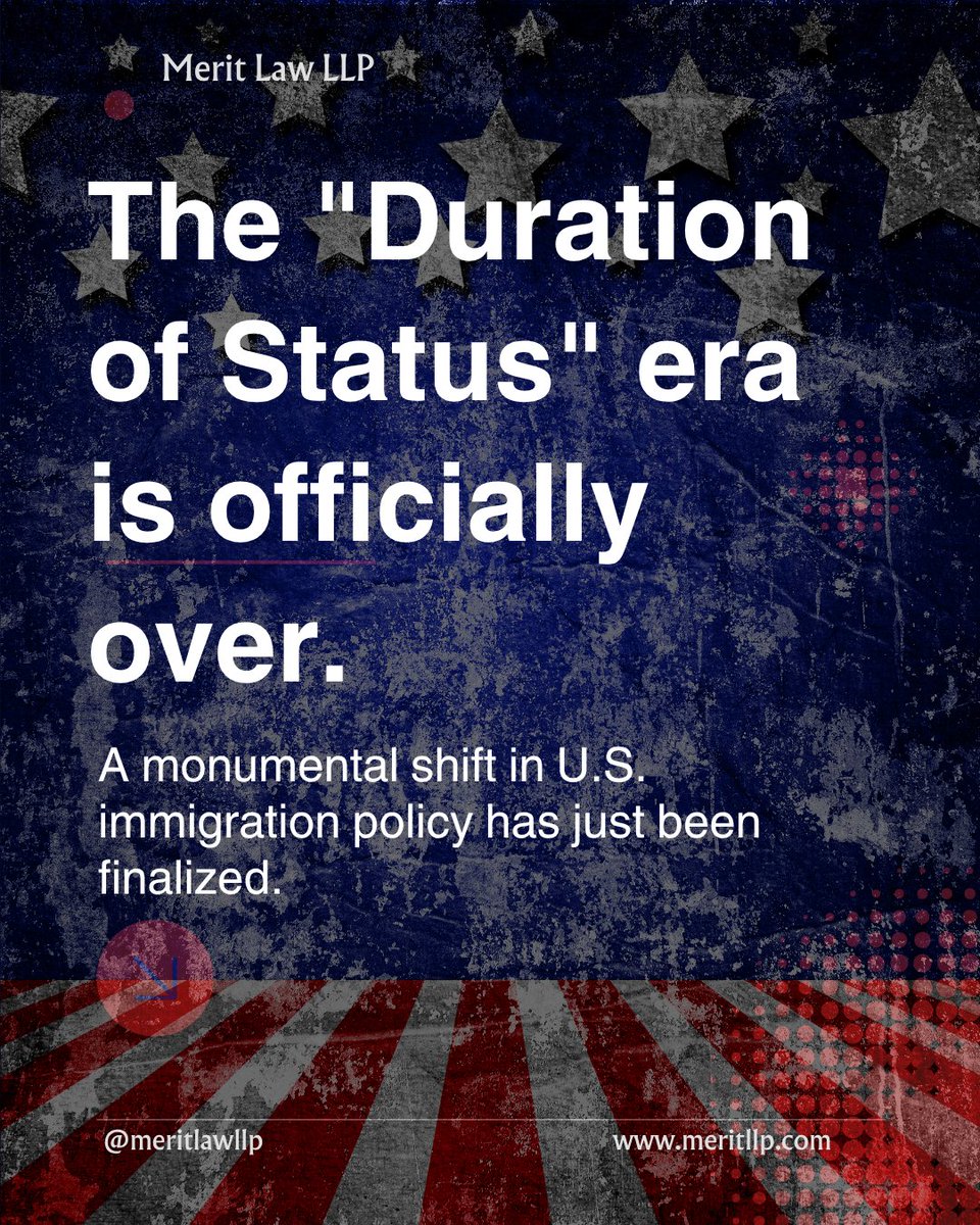 Meritlaw_llp's tweet photo. A monumental shift in U.S. immigration policy has just been finalized. 

Effective September 15, 2026, the DHS is officially eliminating "Duration of Status" (D/S) for F and J visa holders. 

For decades, international students could remain in the U.S. indefinitely as long as they were enrolled in school. Now, strict expiration dates, mandatory USCIS extensions, bans on changing majors, and shorter grace periods are the new reality. 

Swipe through to understand how this 2026 regulation fundamentally changes the rules for international students and exchange visitors in the United States.

E-mail: info@meritllp.com
Website: https://t.co/aMFhTgUpVc
Phone Number: +1(973)3176056