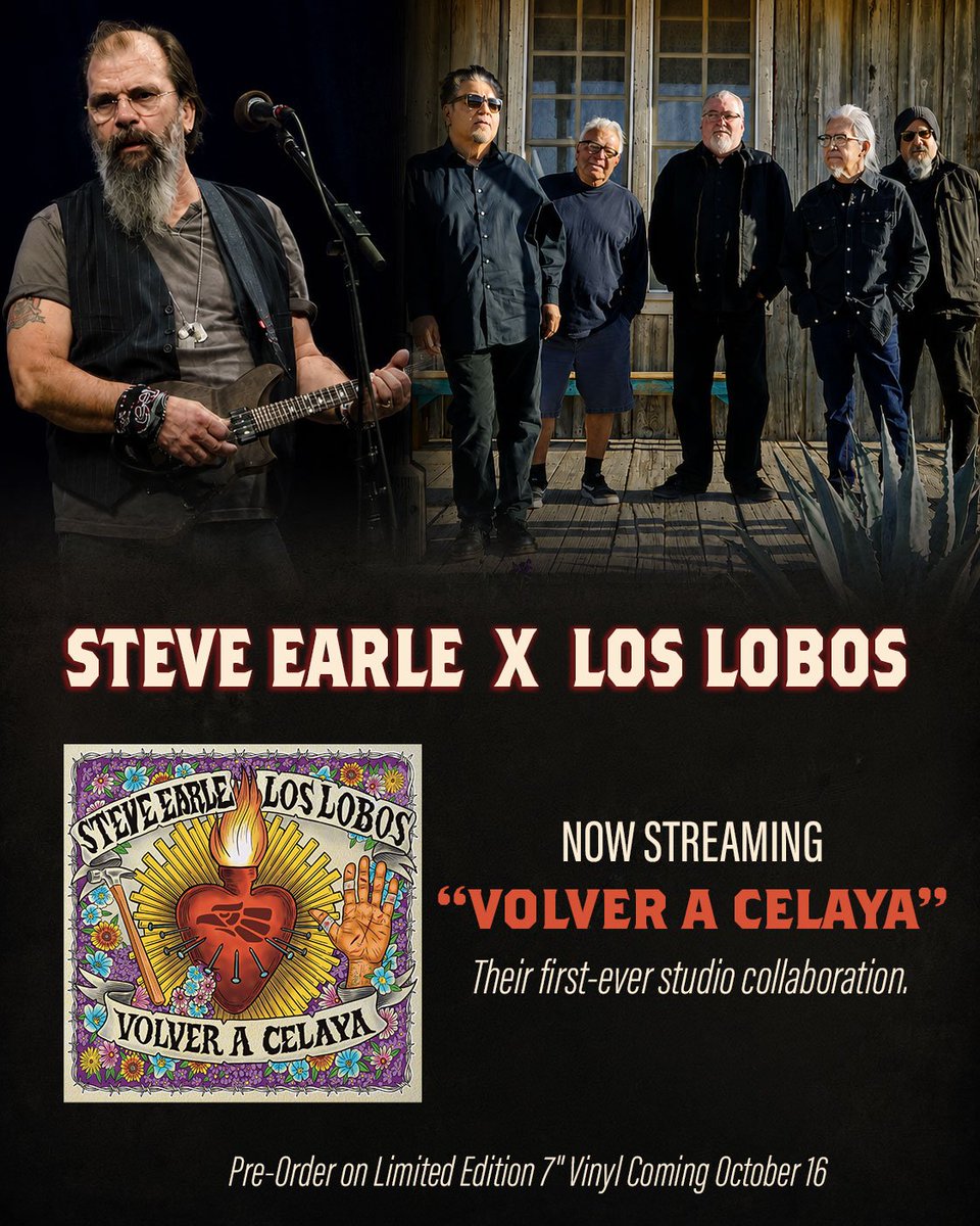 LosLobosBand's tweet photo. Los Lobos' collaboration with @SteveEarle, “Volver a Celaya” is Out Now! ❤️‍🔥

Written by Steve Earle, produced by Steve Berlin &amp; brought to life alongside Los Lobos this summer at Red Amp Studios, the song marks the first-ever studio collaboration between the two legendary acts. https://t.co/folfaMIFBv