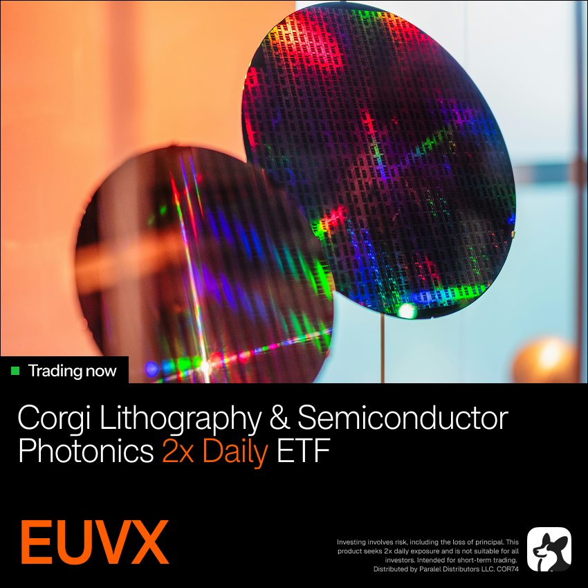 CorgiAM's tweet photo. Want leveraged exposure to lithography? 

$EUVX seeks two times the daily performance of the Corgi Lithography &amp; Semiconductor Photonics ETF, $EUV, before fees and expenses, at a 0.45% expense ratio

Learn more at https://t.co/lVzAfcCrWR https://t.co/bcOS1f1ogC