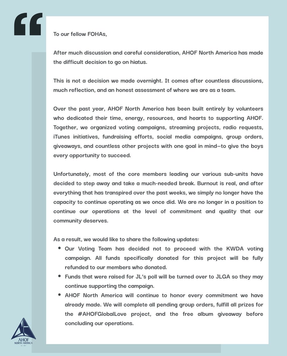 AHOF_N_America's tweet photo. 🛎️ AHOF North America's Suspension of Fanbase Operations and Indefinite Hiatus | Effective August 7, 2026 🗒️

 #아홉 #AHOF
@AHOF_official https://t.co/KjhS9hKoxL