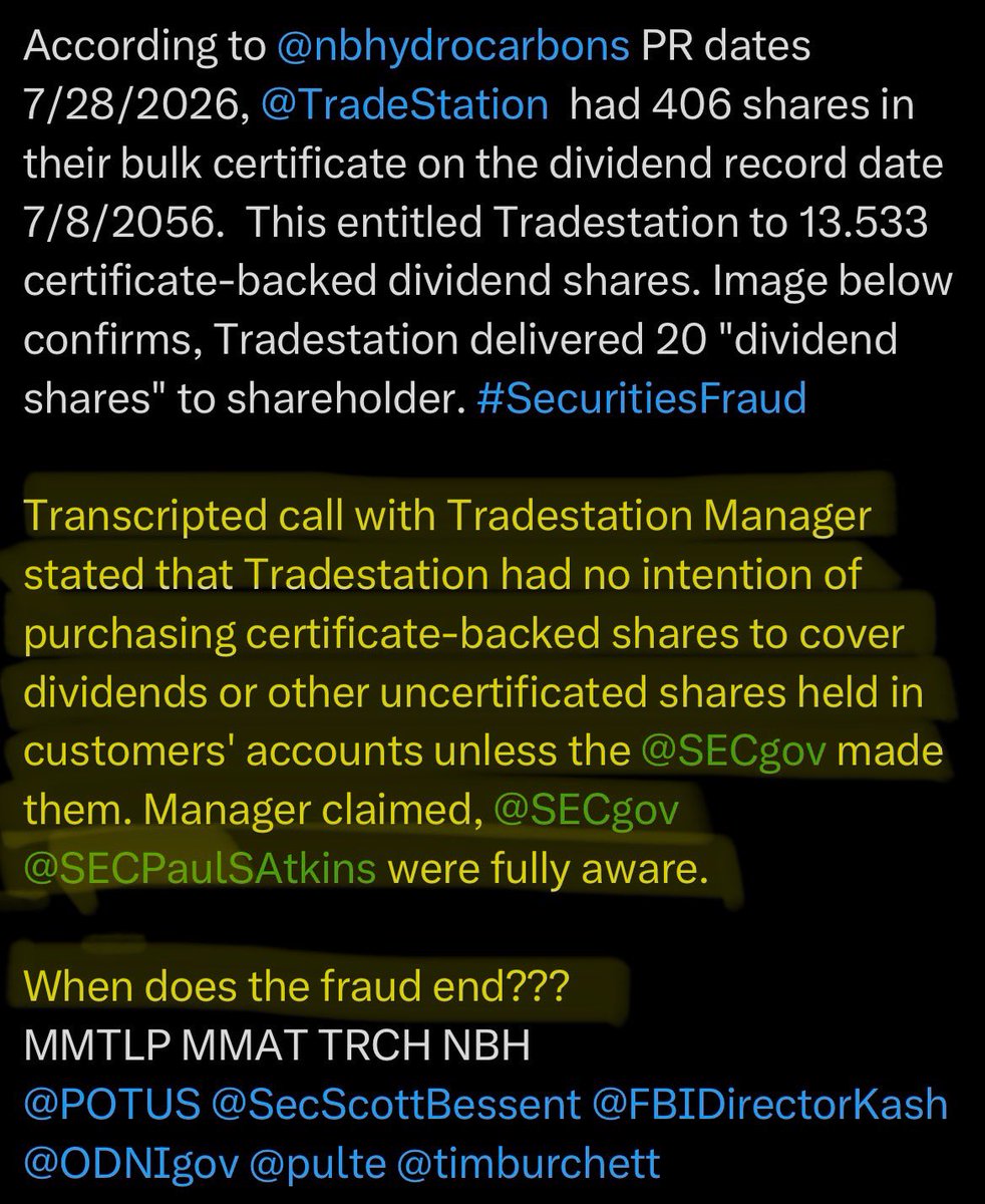 spaceghostRL's tweet photo. PSA: This is not proof of fraud.
Only the company and TS can know if they changed their mind and purchased more shares.
We can suspect. We can believe.
We can say “the evidence suggests…”
We cannot definitively say it is fraud.

Luckily, it doesn’t matter. A trap is available for any BD who delivers fake share dividends. It’s gonna get crazy 🔥