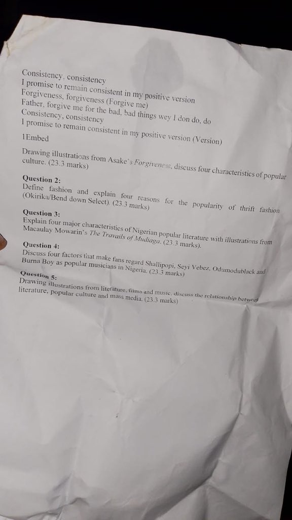 ughellivibes's tweet photo. Lecturer of Dennis Osadebay University, Asaba typed Asake's forgiveness lyrics in a question paper as part of the Exam Questions😅 https://t.co/oLeIiSdA2O
