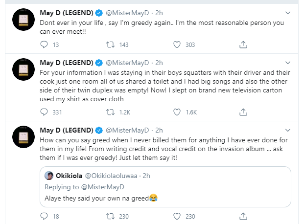 UnkleAyo's tweet photo. Mr May D has been speaking since 2020.

We called him a mad man. 

He had the biggest songs in the country that time - Jude no even give my boy ordinary mattress. E put am for television carton.  😭🤚 https://t.co/zc7ihvyb3G