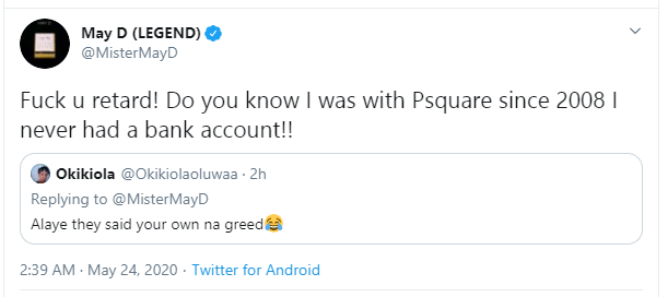UnkleAyo's tweet photo. Mr May D has been speaking since 2020.

We called him a mad man. 

He had the biggest songs in the country that time - Jude no even give my boy ordinary mattress. E put am for television carton.  😭🤚 https://t.co/zc7ihvyb3G