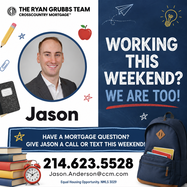 RyanGrubbsTeam's tweet photo. The first day of school is almost here! If you're thinking about making a move before the year gets into full swing, this weekend is a great time to start. Whether it's your first home, your next home, or just have a question, Jason is here to help. Contact him this weekend! https://t.co/6D0QwZTTFI