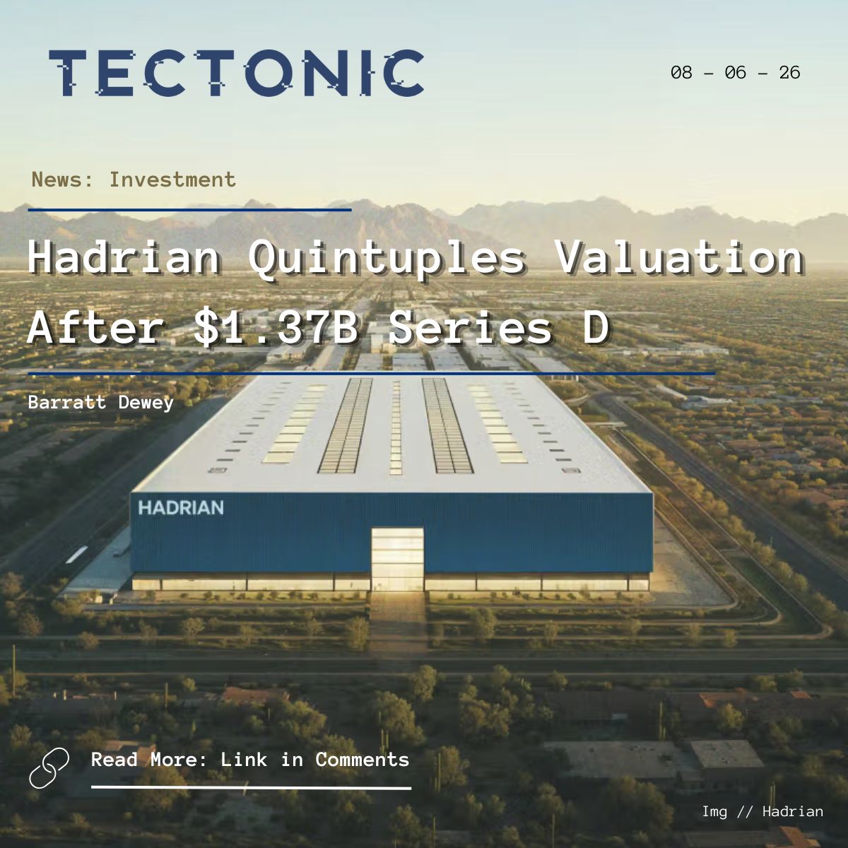 tectonicdefense's tweet photo. Another day, another "holy sh*t" defense tech funding round. Manufacturing startup @HadrianInc announced this morning that it’s raised $1.37B in fresh capital at a $7.9B valuation—a nearly 5X increase since January.

🔗 Full story from Tectonic's @barratt_dewey linked below https://t.co/2lOEwg6JI1